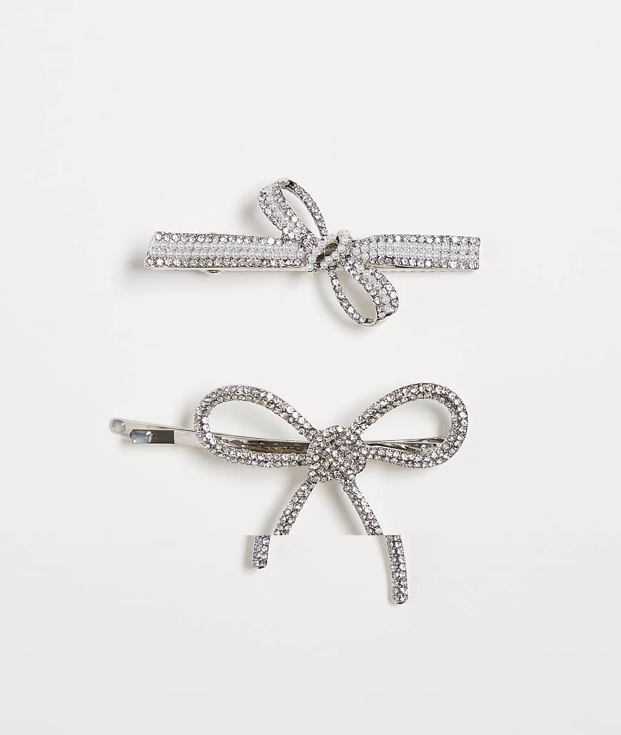 Kaiia - Exclusive - 2er-Pack Haarspangen in Silberoptik mit Schleife mit Strassverzierung von Kaiia