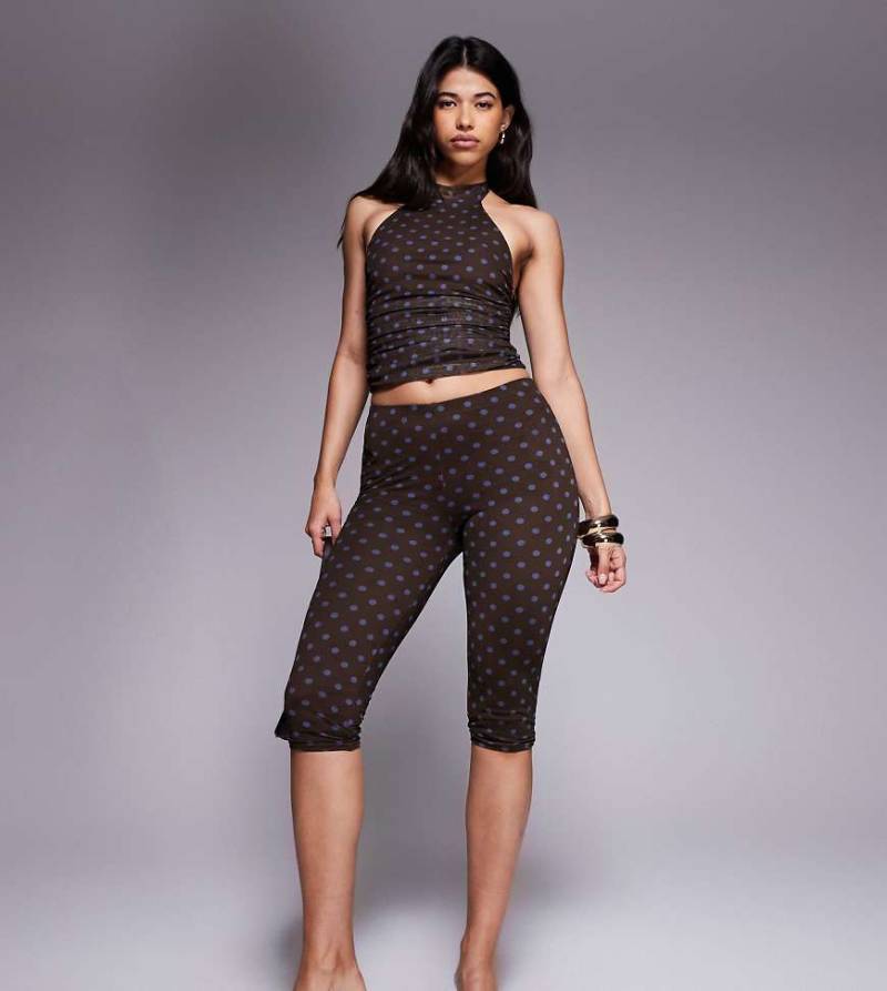 Kaiia - Exclusive - Anschmiegsame Caprihose aus doppellagigem Netzstoff in Schokobraun mit blauen Polka-Dots und hohem Bund, Kombiteil-Bunt von Kaiia