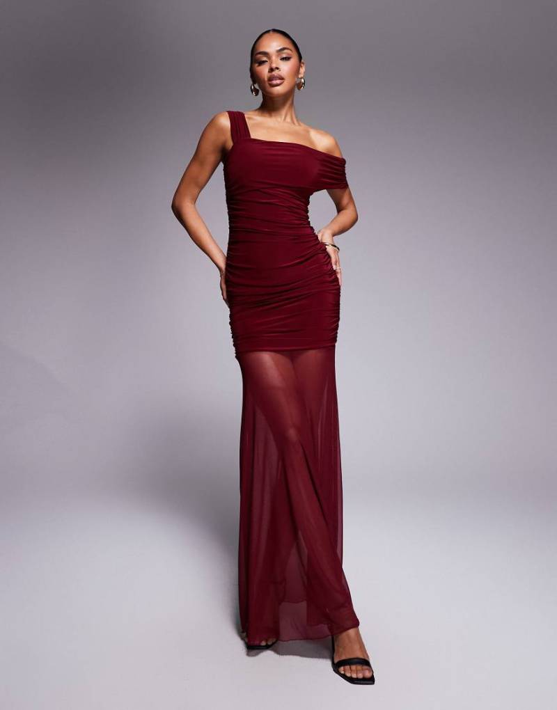 Kaiia - Exclusive - Anschmiegsames, doppellagiges, asymmetrisches Maxikleid in Burgunderrot mit One-Shoulder-Träger und durchscheinendem Saum von Kaiia