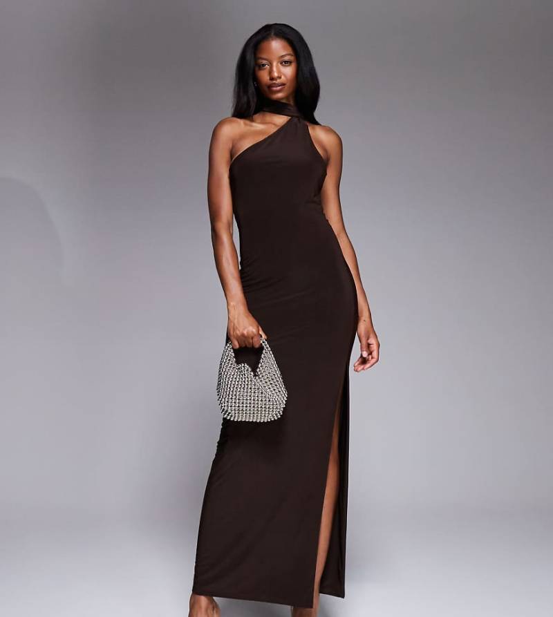 Kaiia - Exclusive - Anschmiegsames, doppellagiges Maxikleid in Schokobraun mit Schal-Ausschnitt-Brown von Kaiia