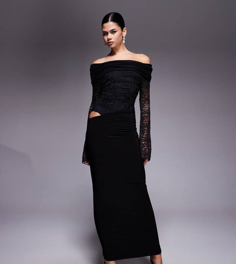 Kaiia - Exclusive - Anschmiegsames, doppellagiges Maxikleid in Schwarz mit Carmen-Ausschnitt von Kaiia