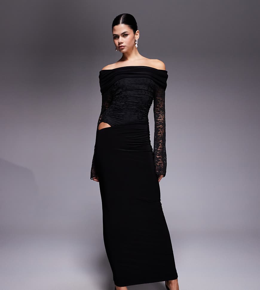 Kaiia - Exclusive - Anschmiegsames, doppellagiges Maxikleid in Schwarz mit Carmen-Ausschnitt von Kaiia