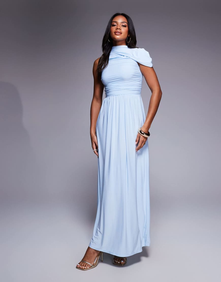 Kaiia - Exclusive - Anschmiegsames, doppellagiges Maxikleid in Staubblau mit asymmetrischer Drapierung von Kaiia