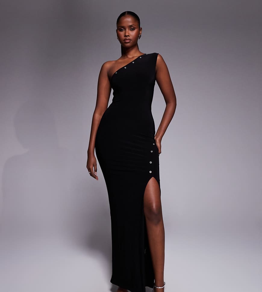 Kaiia - Exclusive - Anschmiegsames, doppellagiges One-Shoulder-Maxikleid in Schwarz mit Ösen-Detail und Beinschlitz von Kaiia