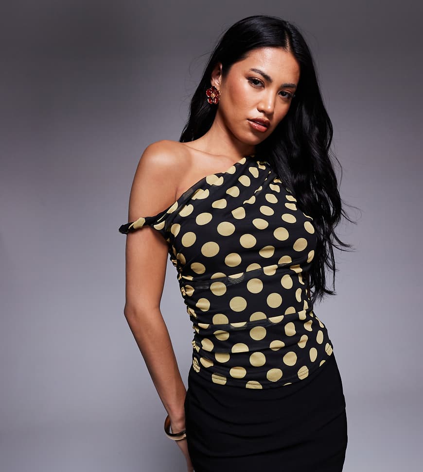 Kaiia - Exclusive - Anschmiegsames, doppellagiges Trägertop aus Netzstoff in Schwarz und Gelb gepunktet mit verdrehtem Off-Shoulder-Träger-Bunt von Kaiia