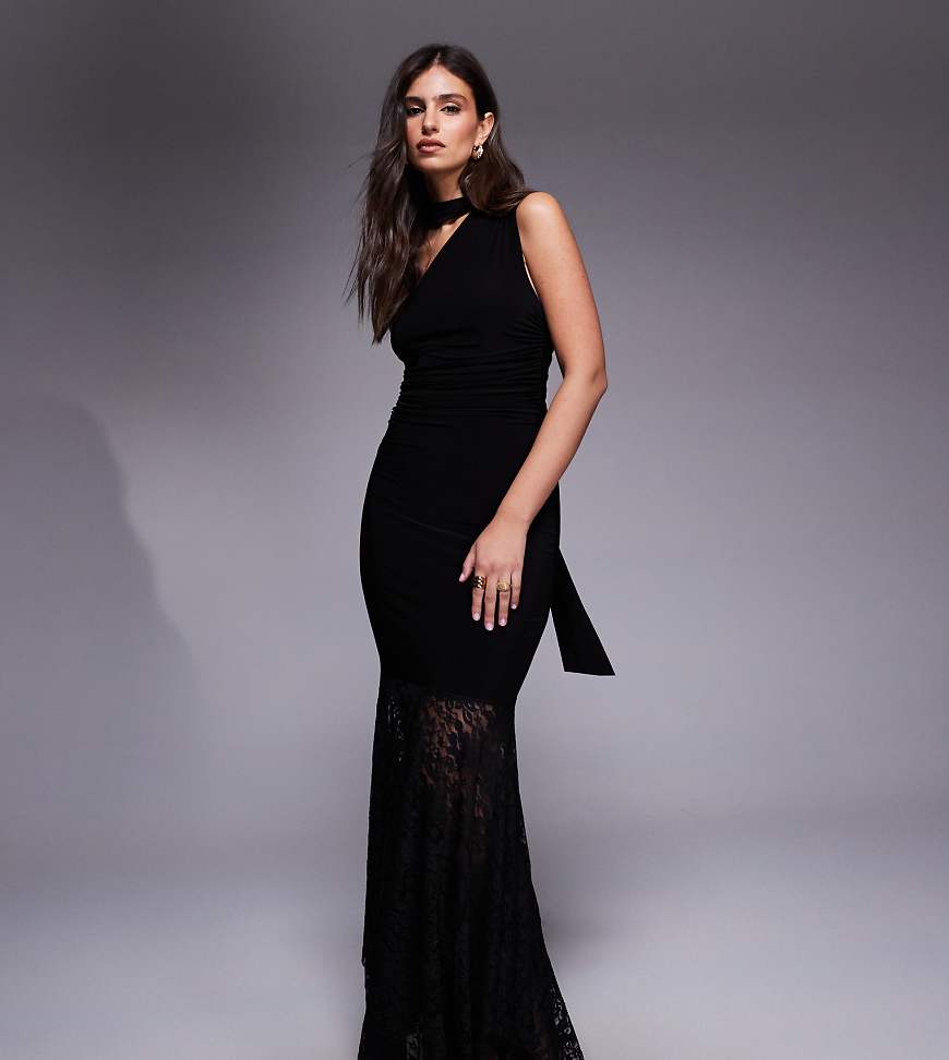 Kaiia - Exclusive - Anschmiegsames Maxikleid in Schwarz mit asymmetrischem Spitzensaum, Schaldetail und One-Shoulder-Träger von Kaiia