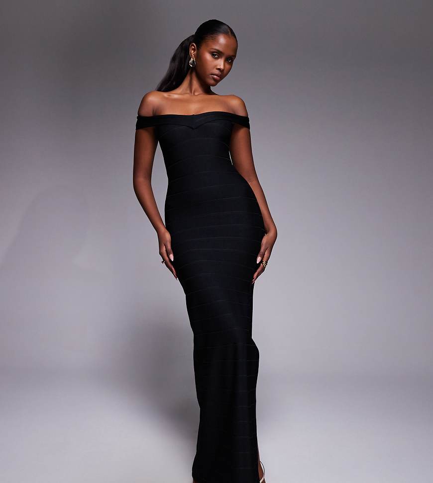 Kaiia - Exclusive - Bandagen-Maxikleid in Schwarz mit Seitenschlitz und Carmen-Ausschnitt von Kaiia