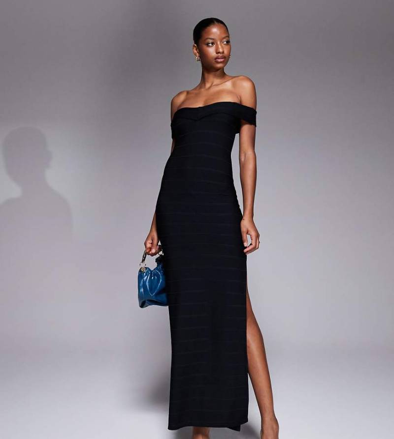 Kaiia - Exclusive - Bandagen-Maxikleid in Schwarz mit Seitenschlitz und Carmen-Ausschnitt von Kaiia