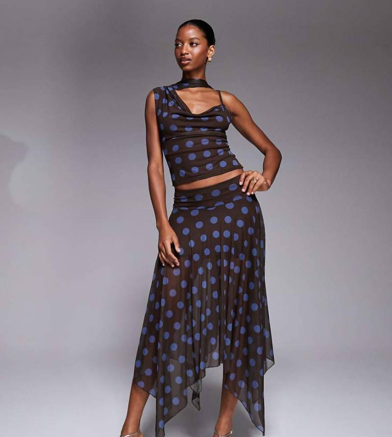 Kaiia - Exclusive - Doppellagiger, anschmiegsamer Maxirock aus Netzstoff in Braun mit Zipfelsaum und Polka Dots in Blau, Kombiteil-Bunt von Kaiia