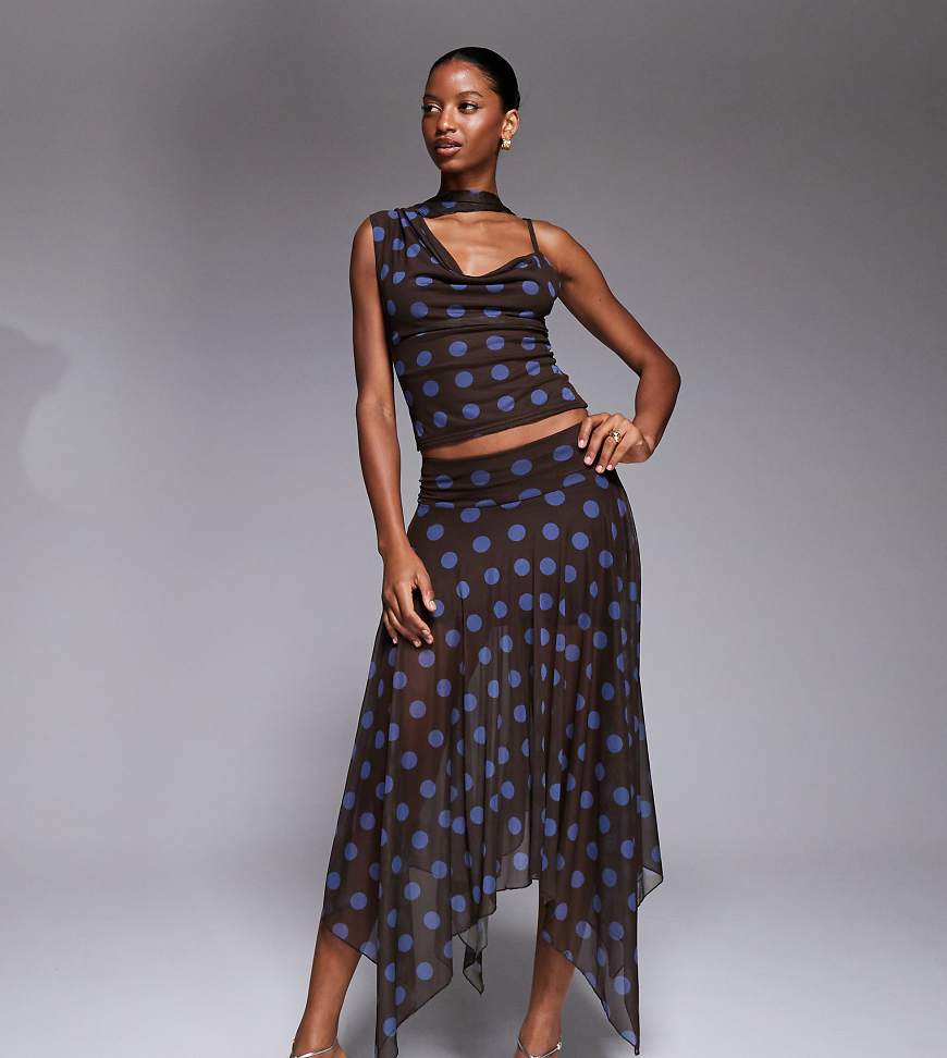 Kaiia - Exclusive - Doppellagiger, anschmiegsamer Maxirock aus Netzstoff in Braun mit Zipfelsaum und Polka Dots in Blau, Kombiteil-Bunt von Kaiia