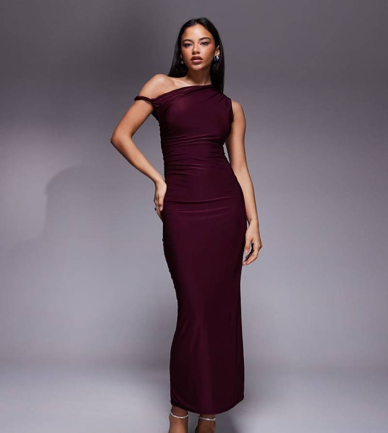 Kaiia - Exclusive - Doppellagiges, anschmiegsames Bodycon-Maxikleid in dunklem Kirschrot mit verdrehtem Off-Shoulder-Träger von Kaiia