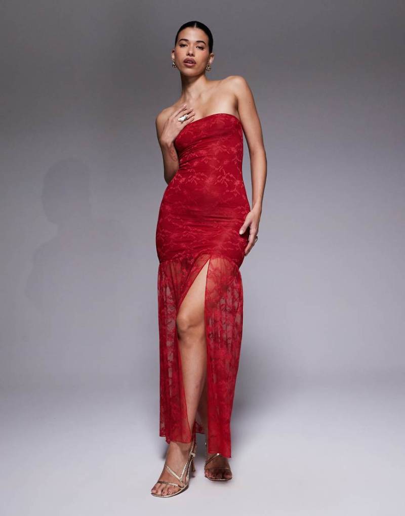 Kaiia - Exclusive - Doppellagiges, figurbetontes, trägerloses Maxikleid aus roter Spitze mit transparentem Saum von Kaiia