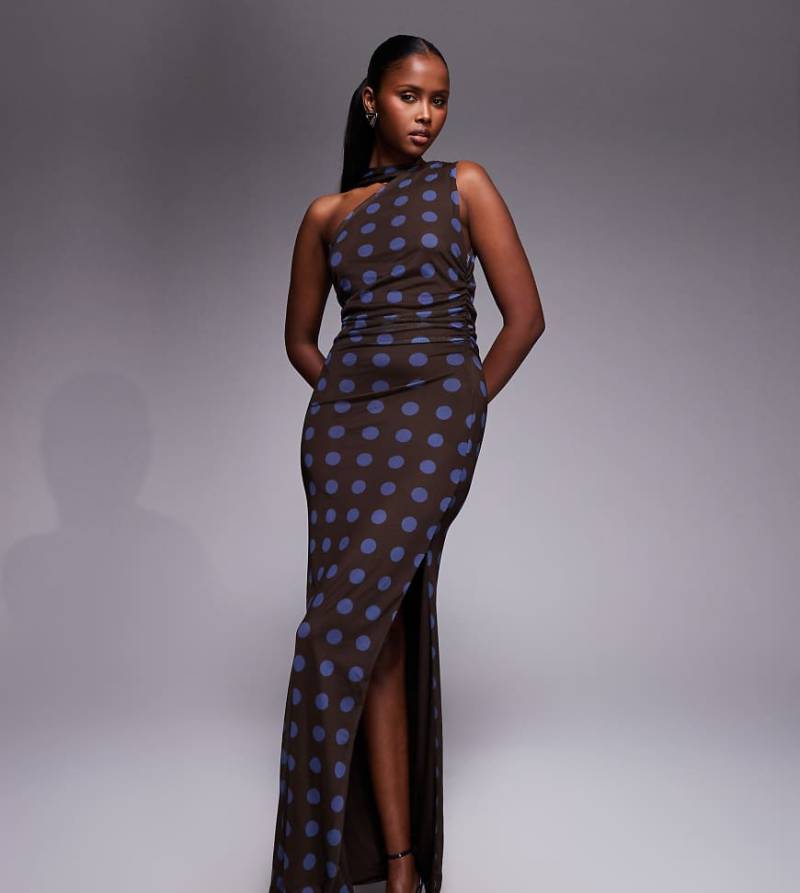 Kaiia - Exclusive - Doppellagiges, figurbetontes One-Shoulder-Maxikleid aus Netzstoff in Braun mit Polka Dots in Blau und Schaldetail, Kombiteil-Bunt von Kaiia