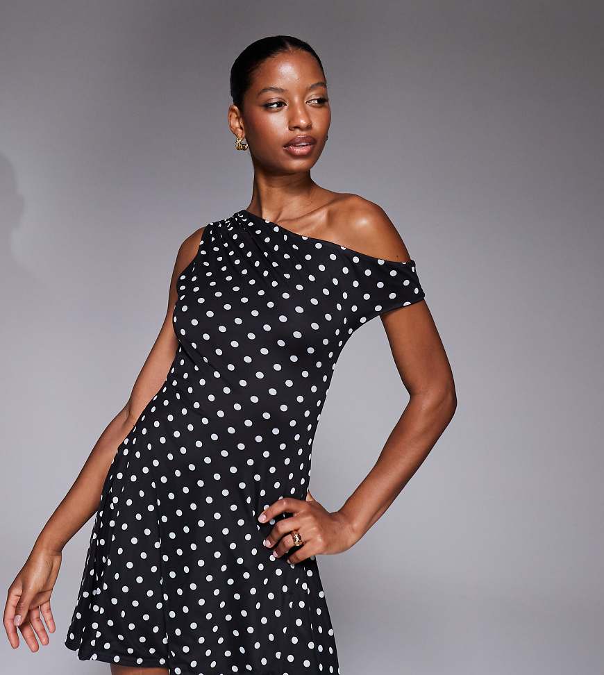 Kaiia - Exclusive - Doppellagiges, figurbetontes Skater-Minikleid aus Netzstoff in Schwarz mit Punktemuster in Weiß und schulterfreiem Design, Kombiteil-Bunt von Kaiia