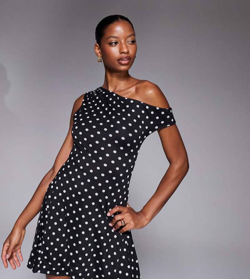 Kaiia - Exclusive - Doppellagiges, figurbetontes Skater-Minikleid aus Netzstoff in Schwarz mit Punktemuster in Weiß und schulterfreiem Design, Kombiteil-Bunt von Kaiia