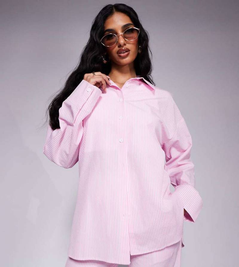 Kaiia - Exclusive - Durchgeknöpfte Oversize-Hemdbluse aus Popeline-Baumwollmix in gestreiftem Rosa, Kombiteil von Kaiia