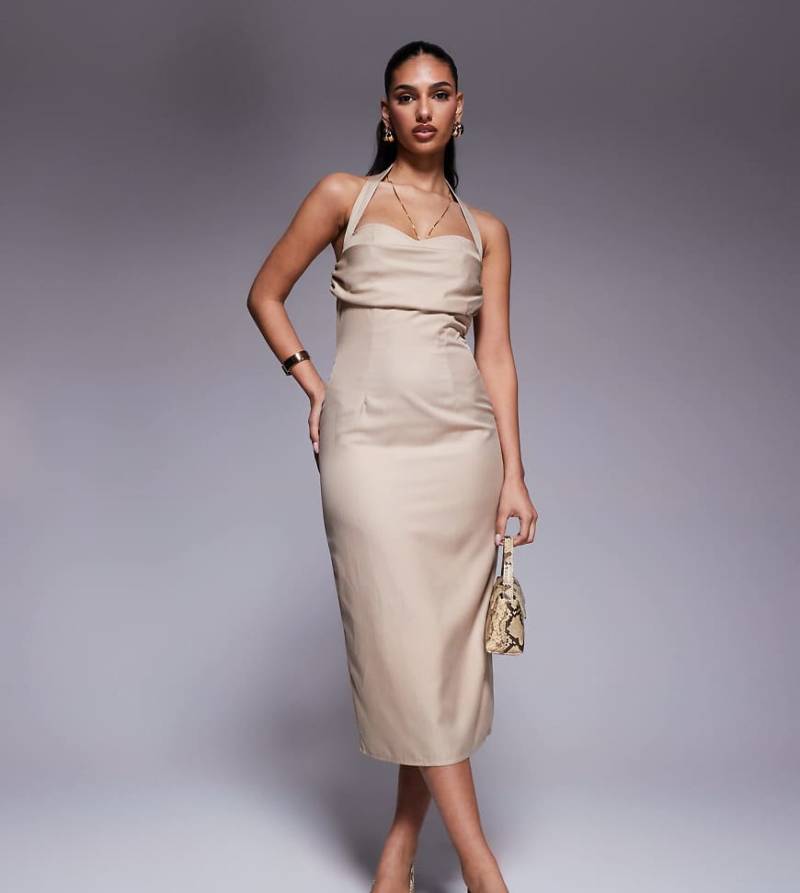 Kaiia - Exklusives, elegantes Neckholder-Midaxikleid in Steinbeige mit Nadelstreifen mit drapiertem Dekolleté und Rückenausschnitt-Neutral von Kaiia
