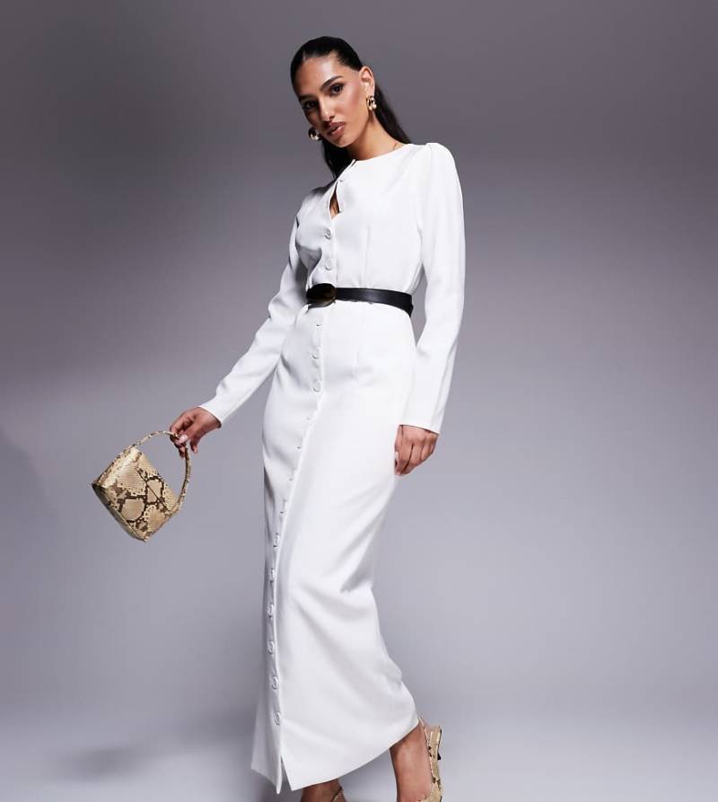 Kaiia - Exclusive - Elegantes langärmliges Maxikleid in Weiß mit Knopfleiste von Kaiia