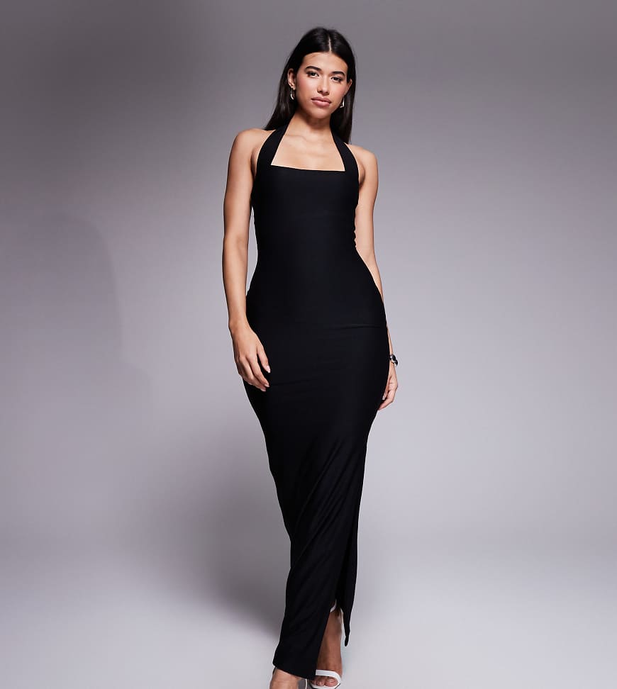 Kaiia - Exclusive - Eng anliegendes Neckholder-Maxikleid in Schwarz mit hochwertiger Baumwollhaptik und eckigem Ausschnitt von Kaiia