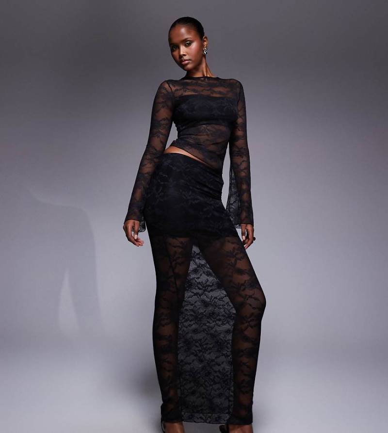 Kaiia - Exclusive - Figurbetonter Maxirock aus Spitze in Schwarz mit transparentem Saum, Kombiteil von Kaiia