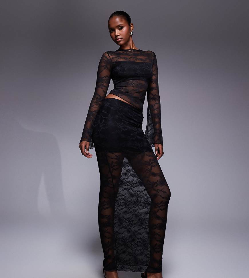 Kaiia - Exclusive - Figurbetonter Maxirock aus Spitze in Schwarz mit transparentem Saum, Kombiteil von Kaiia