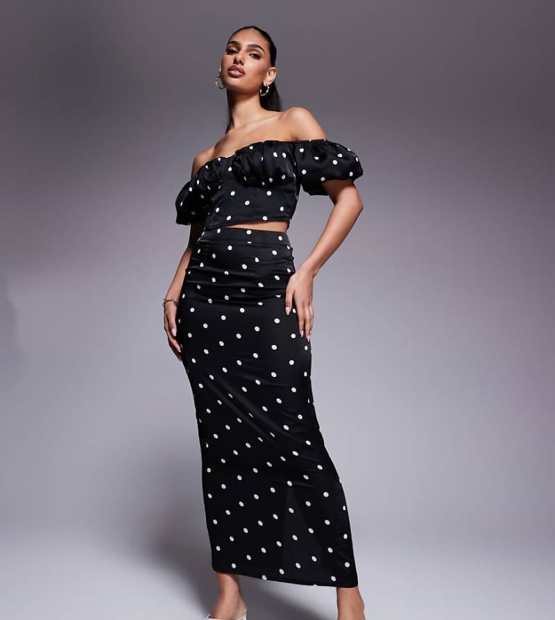 Kaiia - Exclusive - Figurbetonter Satin-Maxirock in Schwarz gepunktet, Kombiteil-Bunt von Kaiia