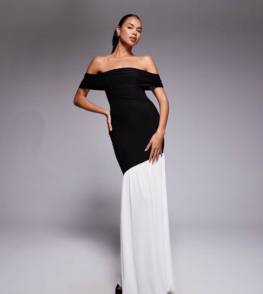 Kaiia - Exclusive - Figurbetontes, zweilagiges Maxikleid in Schwarz-Weiß mit umgeschlagenem Carmen-Ausschnitt und asymmetrischem Kontrastsaum-Bunt von Kaiia