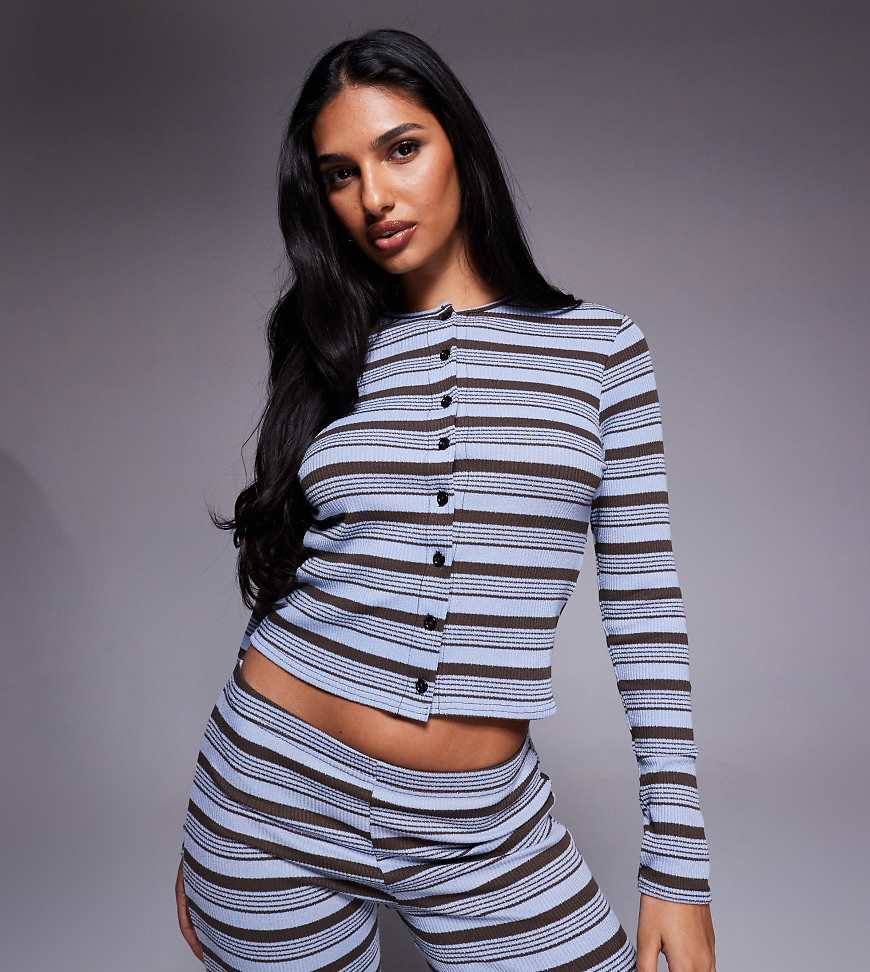 Kaiia - Exclusive - Geripptes, gestreiftes Strickjacken-Oberteil in Blau und Schokobraun mit Knopfleiste, Kombiteil-Bunt von Kaiia