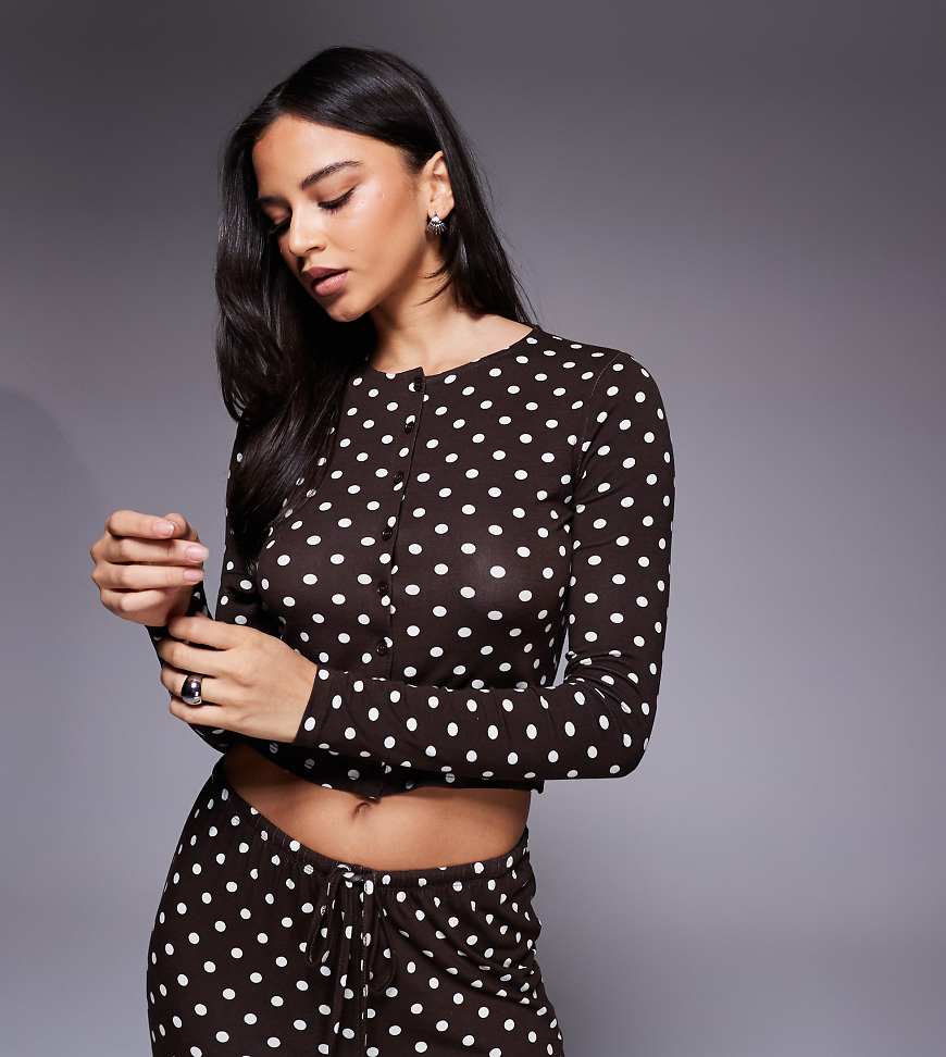 Kaiia - Exclusive - Langärmliges Oberteil aus superweichem Jersey in Braun mit Knopfleiste und Polka Dots in Cremeweiß, Kombiteil-Bunt von Kaiia