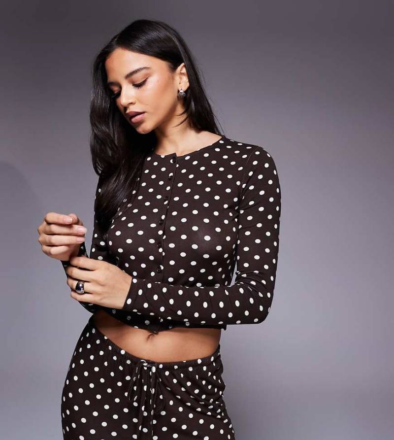 Kaiia - Exclusive - Langärmliges Oberteil aus superweichem Jersey in Braun mit Knopfleiste und Polka Dots in Cremeweiß, Kombiteil-Bunt von Kaiia