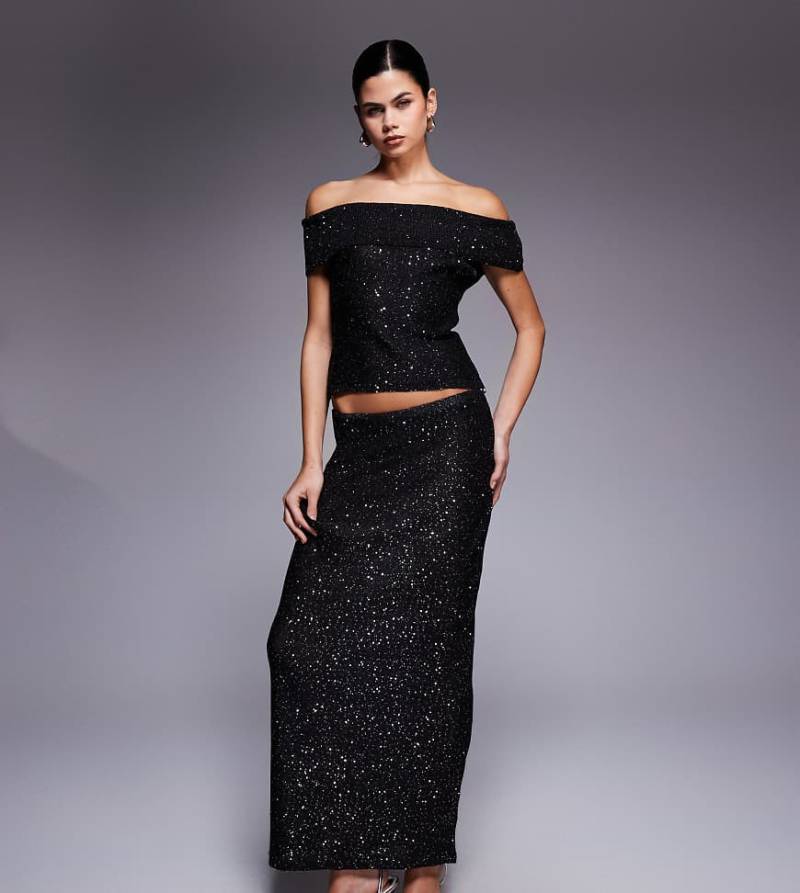 Kaiia - Exclusive - Maxi-Strickrock in Schwarz mit Paillettenbesatz, Kombiteil von Kaiia