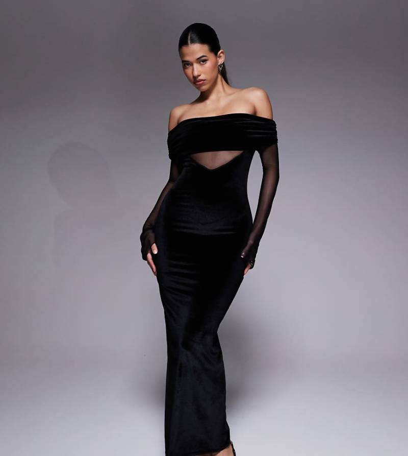 Kaiia - Exclusive - Maxikleid aus Samt in Schwarz mit umgeschlagenem Carmen-Ausschnitt und transparenten Ärmeln von Kaiia