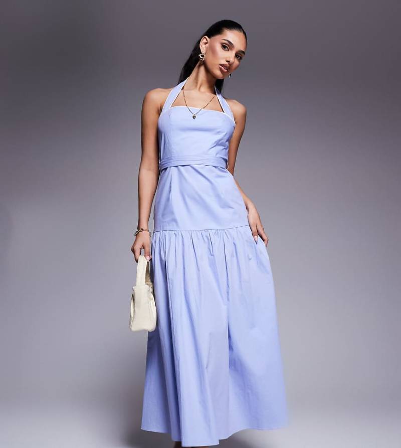 Kaiia - Exklusives Neckholder-Maxikleid aus Popeline in zartem Blau mit Bindeband und tiefer Taille von Kaiia