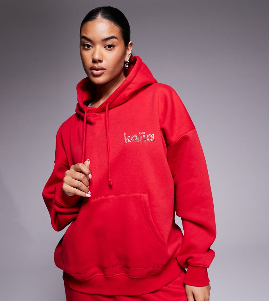 Kaiia - Exclusive - Oversize-Kapuzenpullover mit hohem Baumwollanteil in Rot und Strass-Logo, Kombiteil von Kaiia