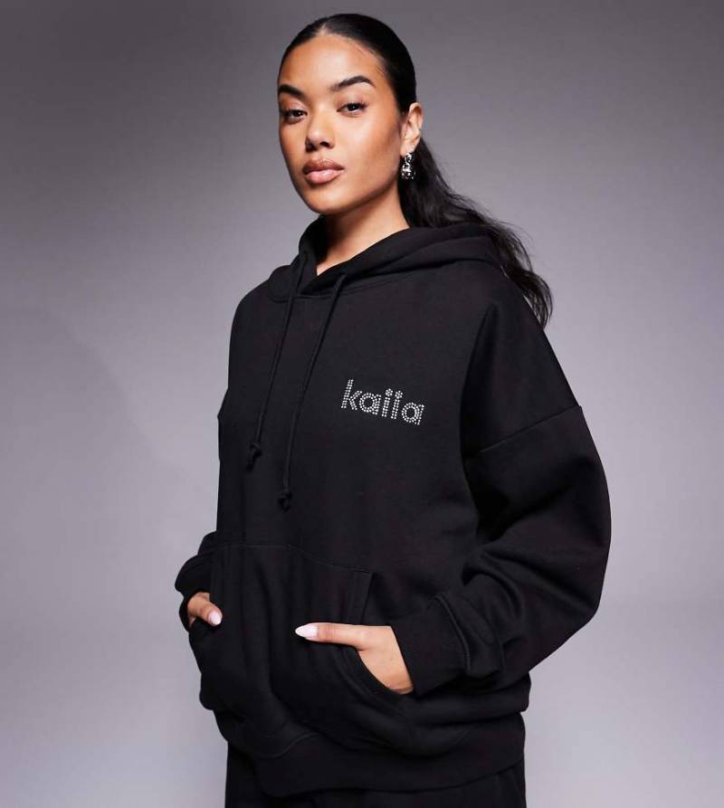 Kaiia - Exclusive - Oversize-Kapuzenpullover mit hohem Baumwollanteil in Schwarz mit Strass-Logo, Kombiteil von Kaiia