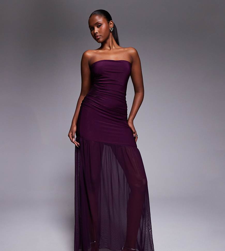 Kaiia - Exclusive - Premium-Maxikleid in Pflaumenlila mit trägerlosem Oberteil, aus fließendem, weichem Stoff mit transparentem Meshsaum von Kaiia