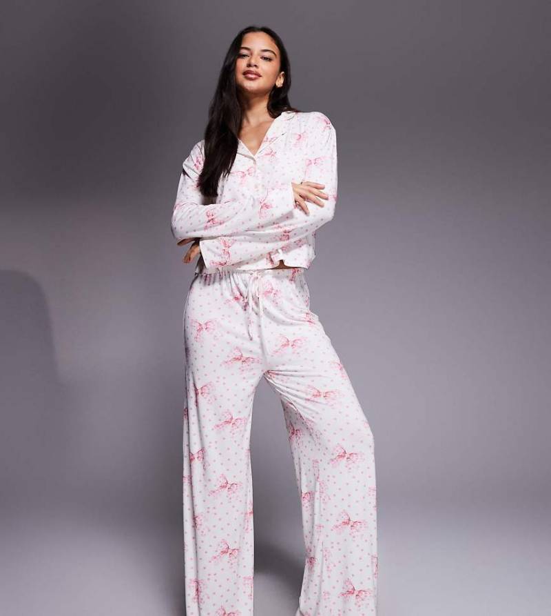 Kaiia - Exclusive - Superweiche Pyjamahose in Cremeweiß mit rosa Polka Dots und Schleifenmuster, Kombiteil von Kaiia