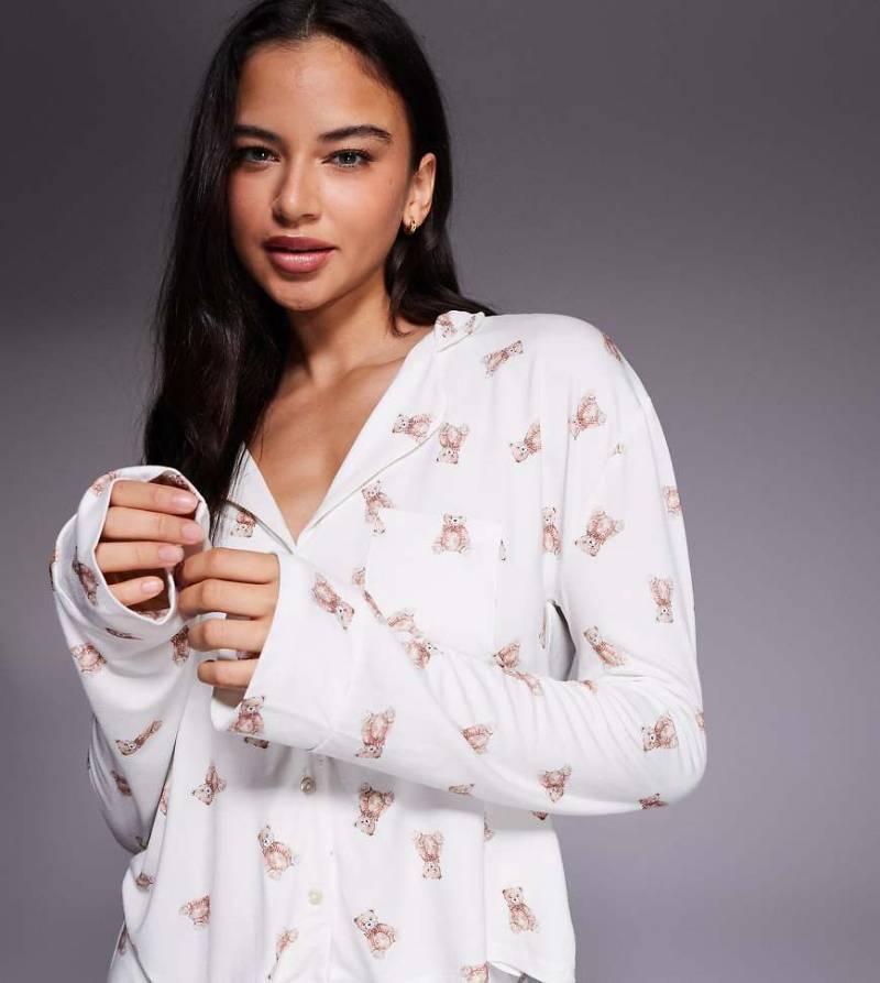 Kaiia - Exclusive - Superweiches Pyjamahemd in Cremeweiß mit Teddybärenmuster, Kombiteil von Kaiia