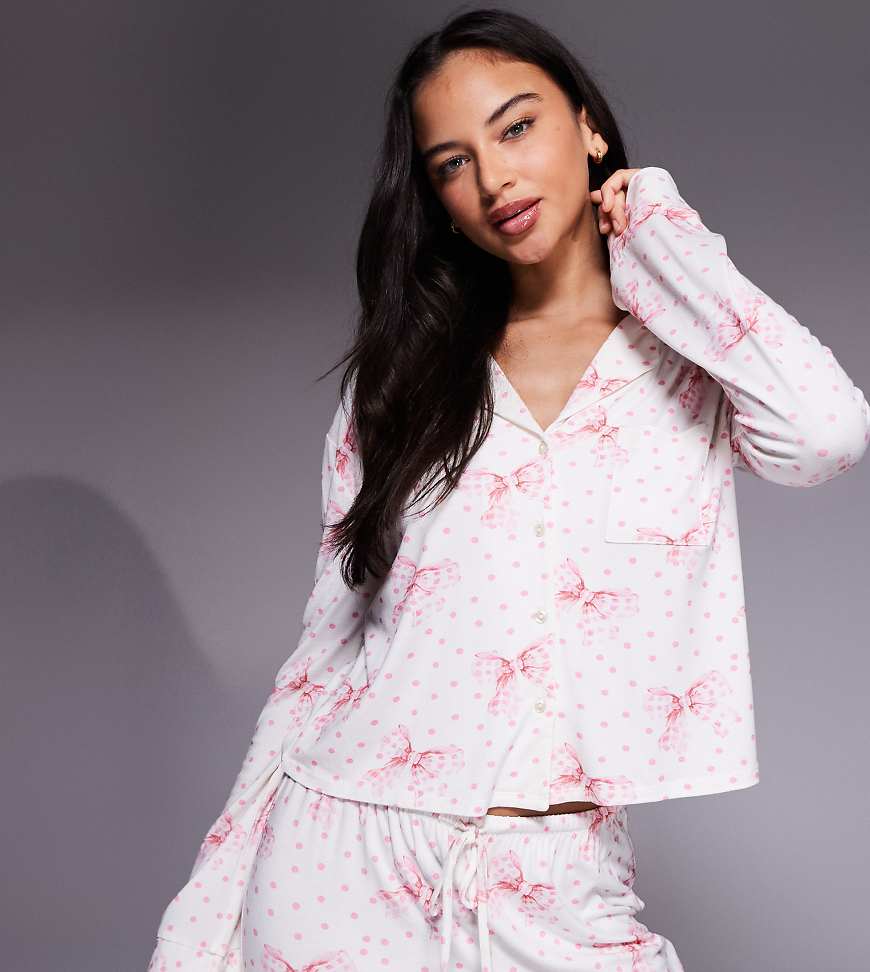 Kaiia - Exclusive - Superweiches Pyjamahemd in Cremeweiß mit rosa Polka Dots und Schleifenmuster, Kombiteil von Kaiia