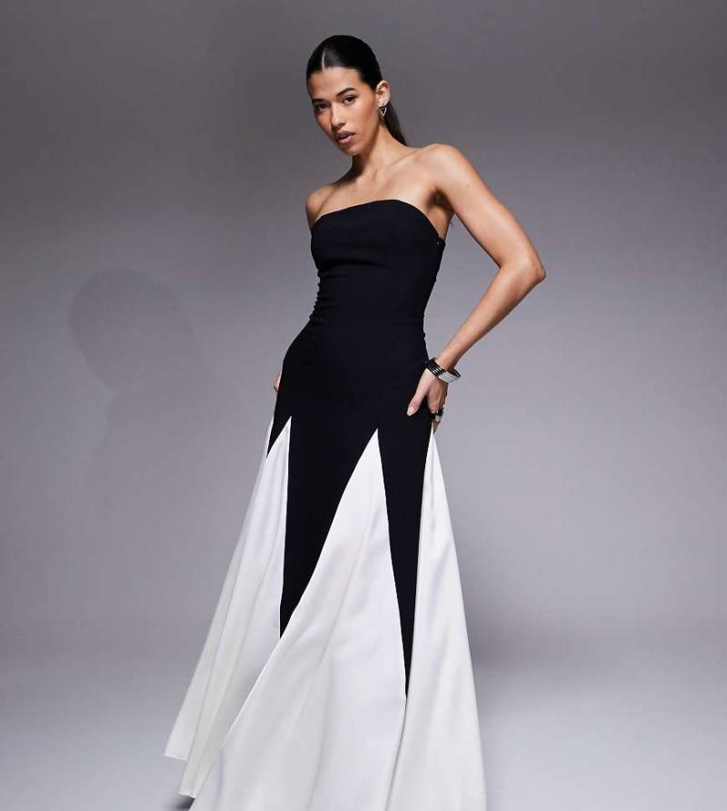 Kaiia - Exclusive - Trägerloses Maxikleid in Schwarz-Weiß mit kontrastierendem Godet-Rock-Bunt von Kaiia