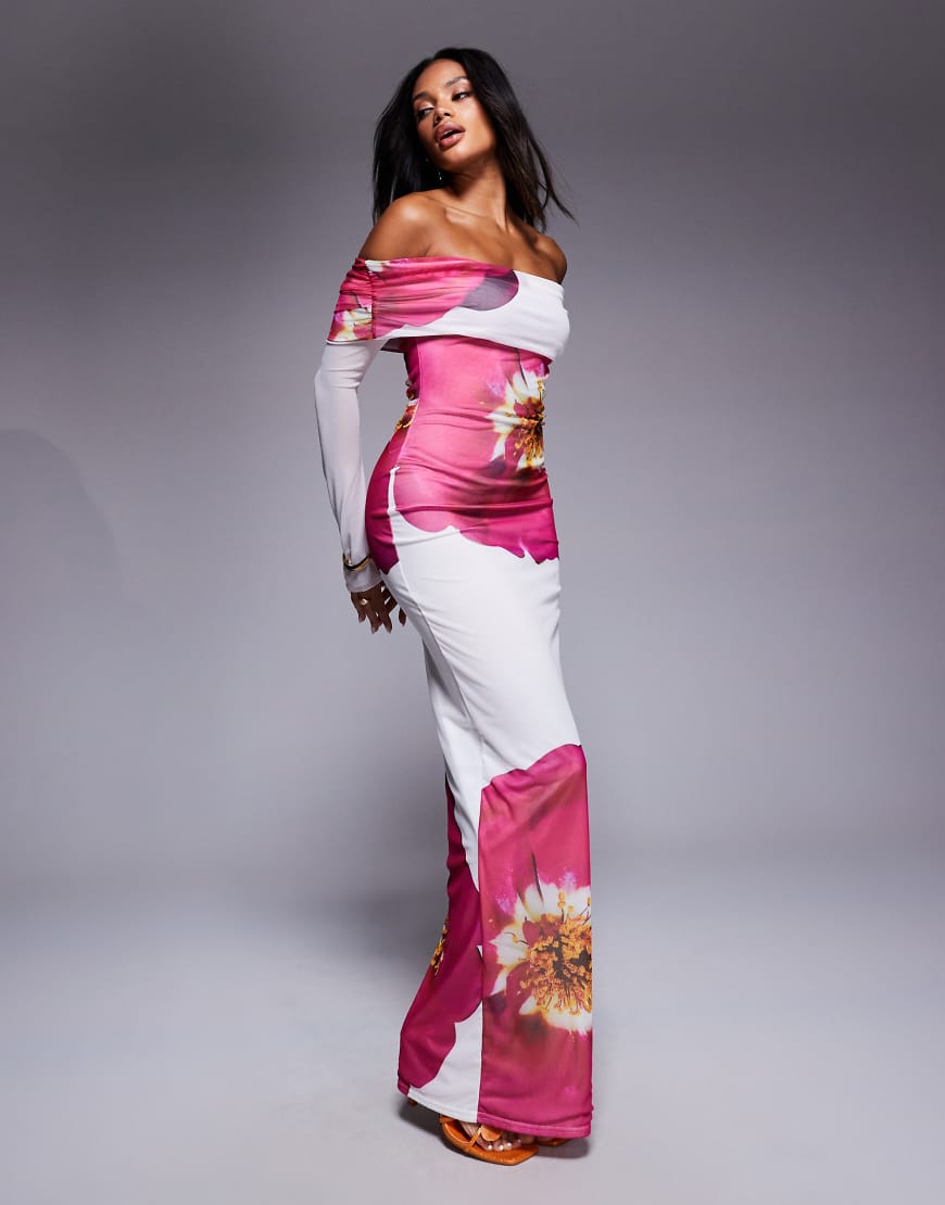 Kaiia - Exclusive - figurbetontes, doppellagiges Bodycon-Maxikleid in Weiß mit breitem Carmen-Ausschnitt und rosa Blumenmuster-Bunt von Kaiia