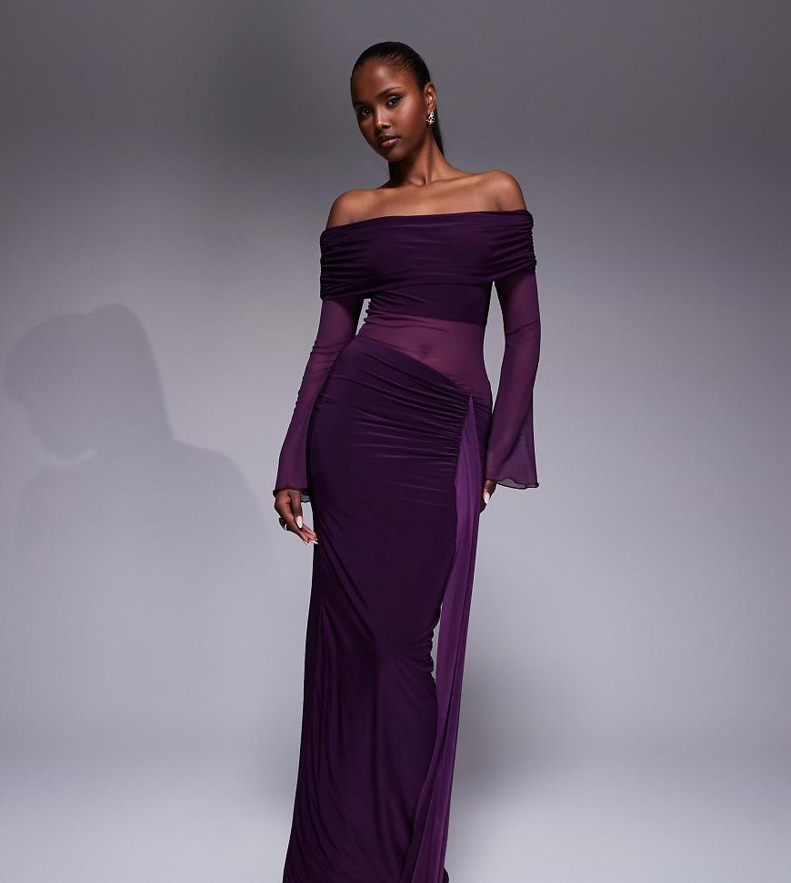 Kaiia - Exclusive - zweilagiges Maxikleid mit Bardot-Ausschnitt, transparentem Einsatz und gerafftem Rock aus fließendem Stoff in Pflaume-Lila von Kaiia