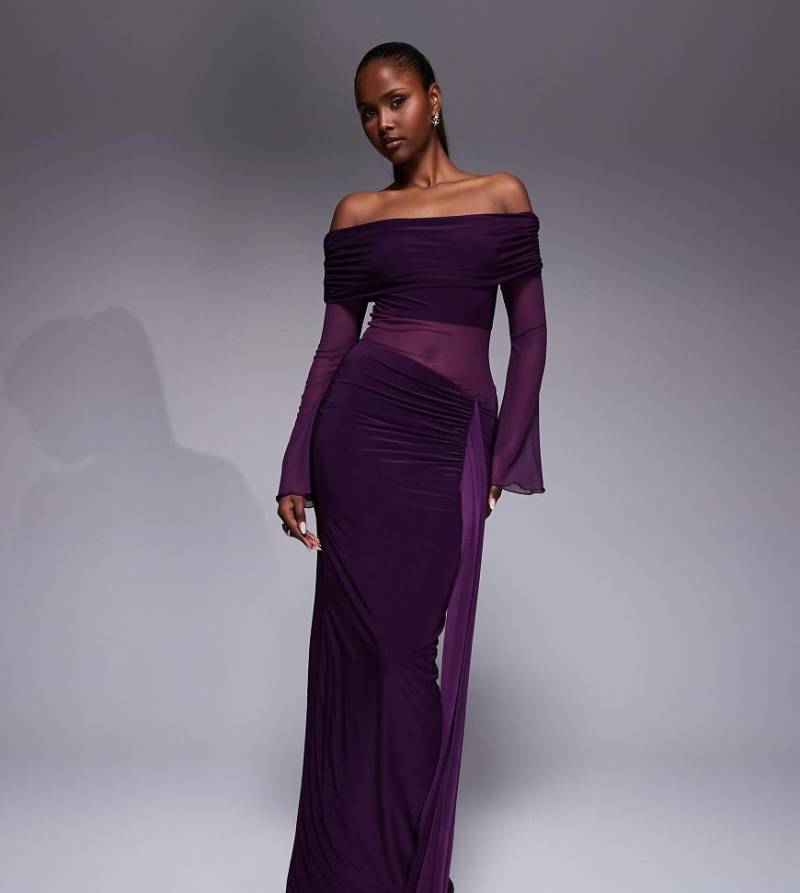 Kaiia - Exclusive - zweilagiges Maxikleid mit Bardot-Ausschnitt, transparentem Einsatz und gerafftem Rock aus fließendem Stoff in Pflaume-Lila von Kaiia