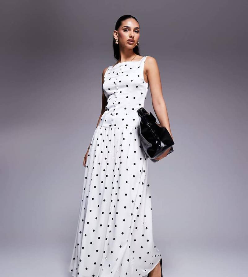 Kaiia - Exklusives, hochgeschlossenes Satin-Maxikleid in Schwarz-Weiß gepunktet mit eckigem Ausschnitt, Knopfleiste und tief angesetzter Taille-Bunt von Kaiia