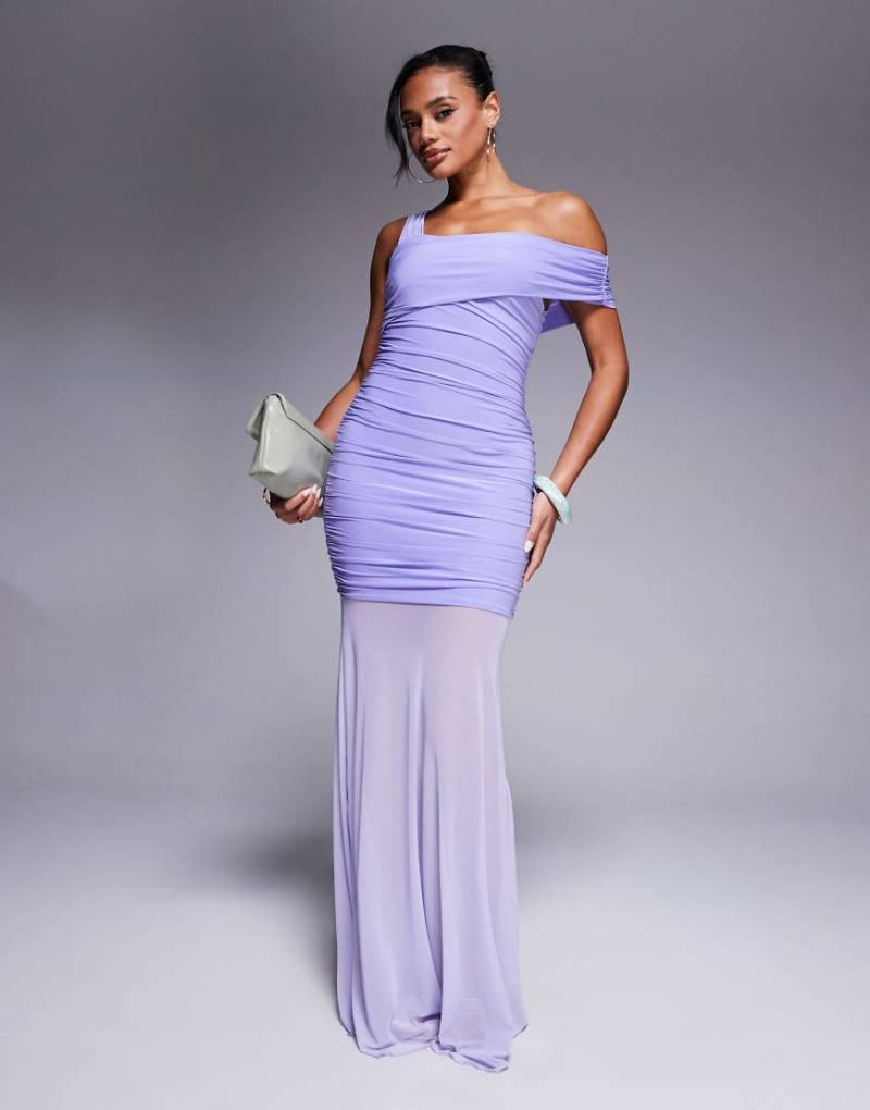 Kaiia - Exclusive - Anschmiegsames, doppellagiges, asymmetrisches Maxikleid in Lila mit One-Shoulder-Träger und durchscheinendem Saum von Kaiia