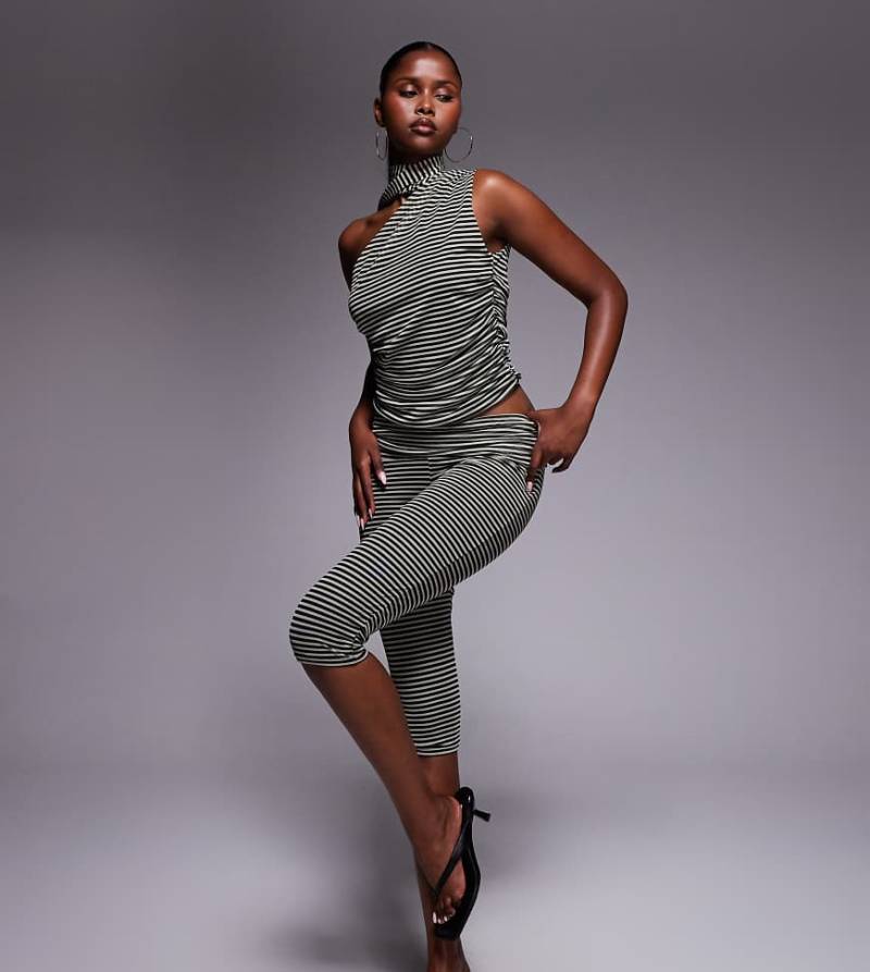 Kaiia - Exklusiv - Doppellagige, anschmiegsame und gestreifte Netzstoff-Caprihose in Schwarz und Gelb mit Umschlag-Taillenbund, Kombiteil-Bunt von Kaiia