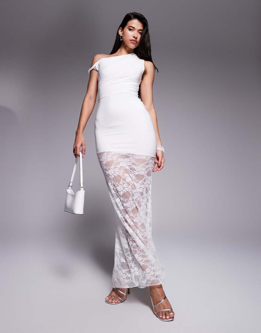 Kaiia Exklusiv - Doppellagiges, anschmiegsames und asymmetrisches Maxikleid in Weiß mit verdrehtem Träger und durchscheinendem Spitzenrock Kaiia Exklusiv - Doppellagiges, anschmiegsames und asymmetrisches Maxikleid in Weiß mit verdrehtem Träger und durchscheinendem Spitzenrock von Kaiia