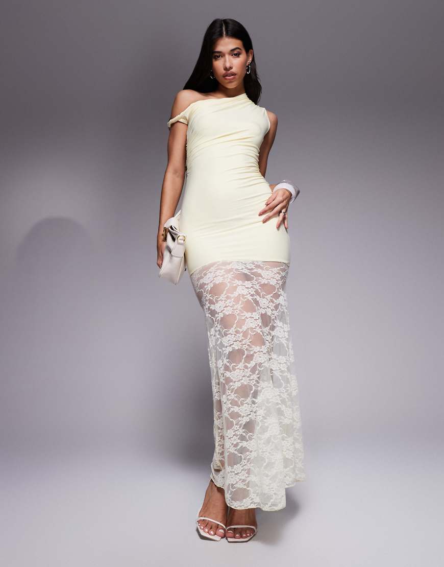 Kaiia Exklusiv - Doppellagiges, anschmiegsames und asymmetrisches Maxikleid in Zitronengelb mit verdrehtem Träger und durchscheinendem Spitzenrock Kaiia Exklusiv - Doppellagiges, anschmiegsames und asymmetrisches Maxikleid in Zitronengelb mit verdrehtem Träger und durchscheinendem Spitzenrock von Kaiia