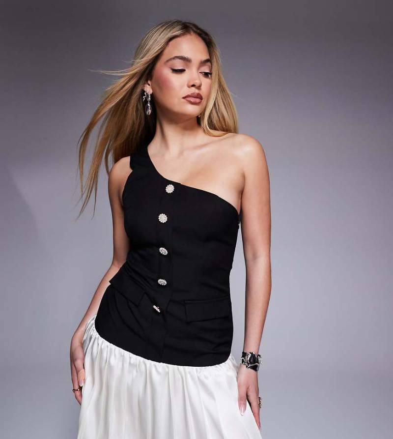 Kaiia - Exklusiv - Elegantes One-Shoulder-Minikleid in Schwarz-Weiß mit Knopfdetails, Faltenrock und tiefer Taille-Bunt von Kaiia