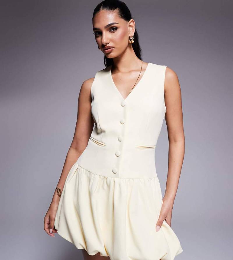 Kaiia Exklusiv - Elegantes ärmelloses Minikleid in Buttermilchgelb mit Knopfleiste und Ballonsaum von Kaiia